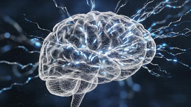 Glowing translucent wireframe human brain with bright electrical impulses and lightning on dark blue background symbolizing artificial intelligence neurology cognitive function mental power neuroscien
