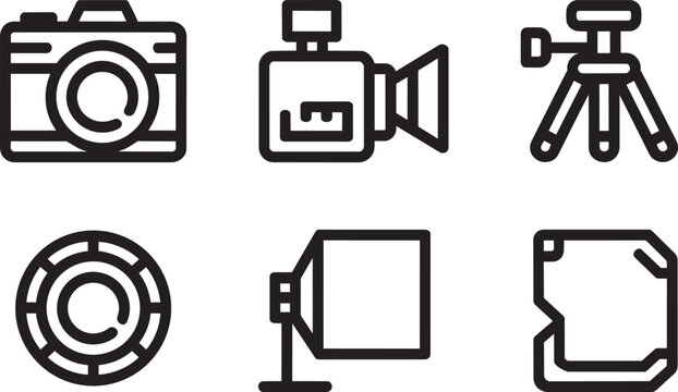 Photography and videography equipment icons set in outline style and media production recording