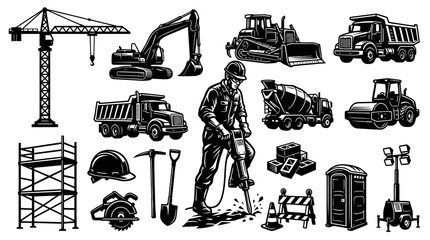 Obraz premium Black and White Construction Equipment and Worker Vector Set