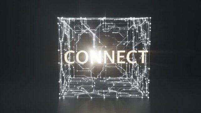 Glowing three dimensional cube network structure with the word 'CONNECT' illuminating at its core, symbolizing digital communication, data flow, and futuristic global interconnectedness
