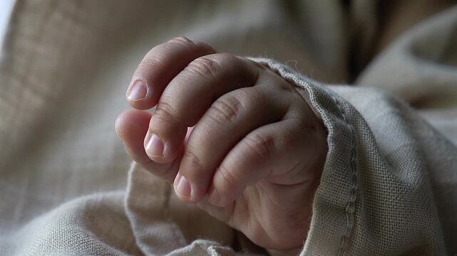 Close up of a tiny delicate newborn baby hand resting gently on soft beige textured linen fabric capturing a tender beautiful moment of pure innocence new life and early parenthood