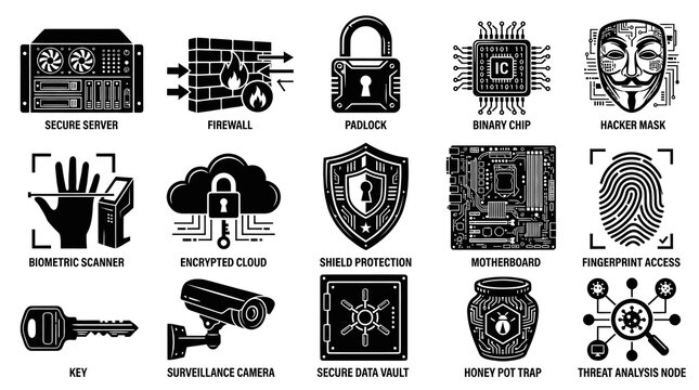 Cybersecurity Icons Set - Secure Server, Firewall, Padlock, Binary Chip, Hacker Mask