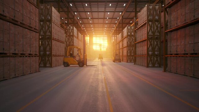 Long aisle of stacked cardboard box shelves in an industrial warehouse with cinematic sunset rays.