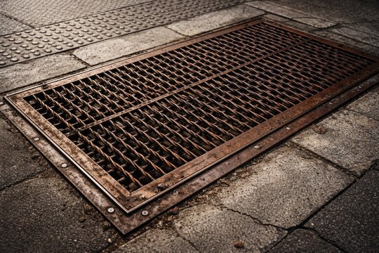 Oxidized iron grate on pedestrian walkway providing air circulation and service access