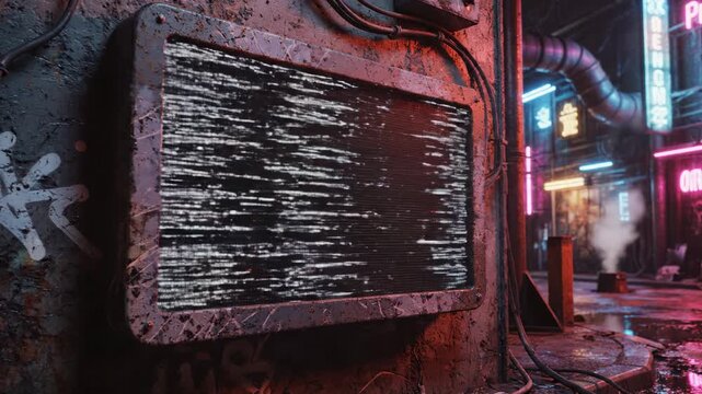 A gritty, weathered screen displaying corrupted digital data glows with static in a dimly lit, rain-slicked alleyway adorned with neon signs and urban decay