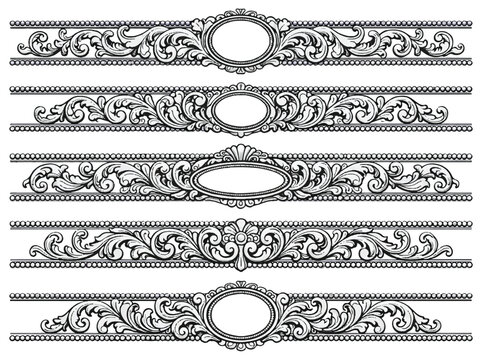 Vintage ornamental borders set, ornate Victorian floral dividers with filigree details, antique black and white decorative frames for wedding invitations