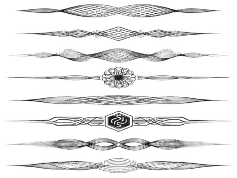 Vintage ornamental dividers set, 8 decorative line borders for elegant stationery, black filigree vector flourishes for luxury invitations and book design