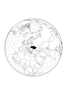 Ukraine Highlighted Orthographic Globe Map 1Bit Monochrome Vector Background A4 Printable Stencil Graphic