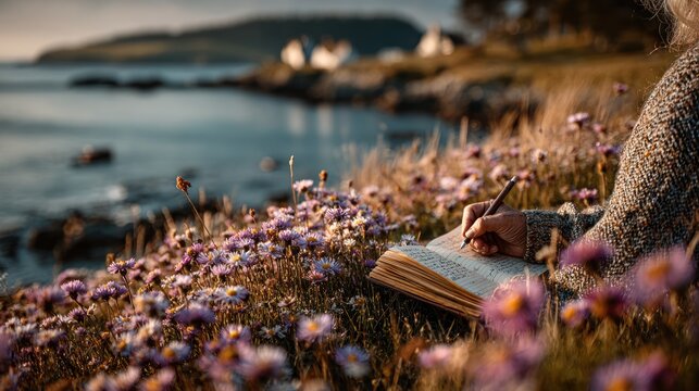 Person writes in a notebook, seaside view, field of flowers, evening sun