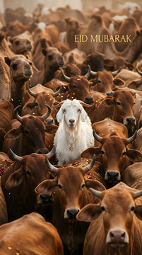 White goat standing out in a crowd of brown cows and camels for Eid al-Adha concept