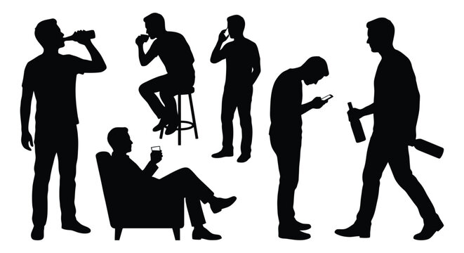 Silhouettes of men drinking alcohol and using smartphones