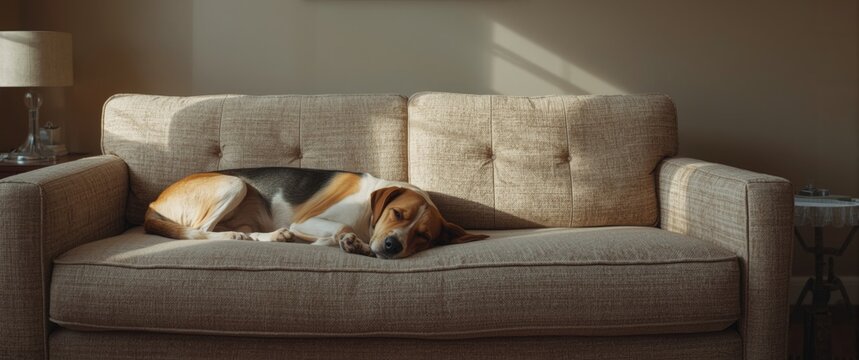 Calm foxhound beagle crossbreed lying contentedly on comfy couch