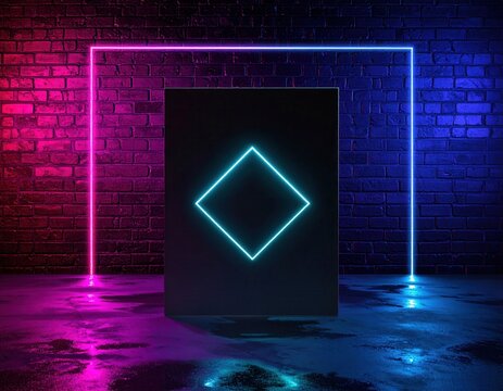 Stanza Neon Vibrante con Rombo Ciano Luminoso su Cubo Scuro e Parete di Mattoni