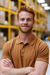 Obraz premium Young man warehouse portrait smiling with arms crossed for company website and business profile background
