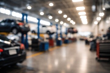 Fototapeta premium Out of focus car care facility interior with abstract blurred background space