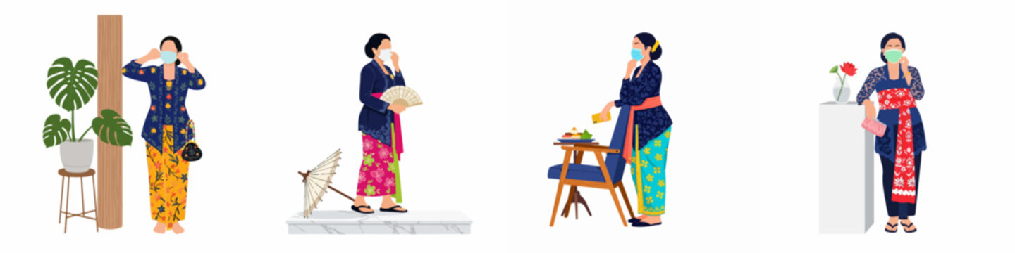 Vector illustration set of Indonesian women in traditional kebaya and batik wearing face masks in various lifestyle settings, representing culture and health during a pandemic.