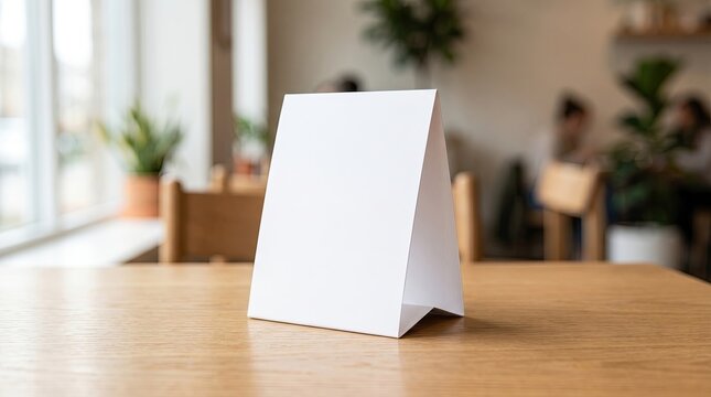 Blank triangular table tent on smooth surface in sunlit room concept. Blank table tent on wood surface in modern cafe interior.