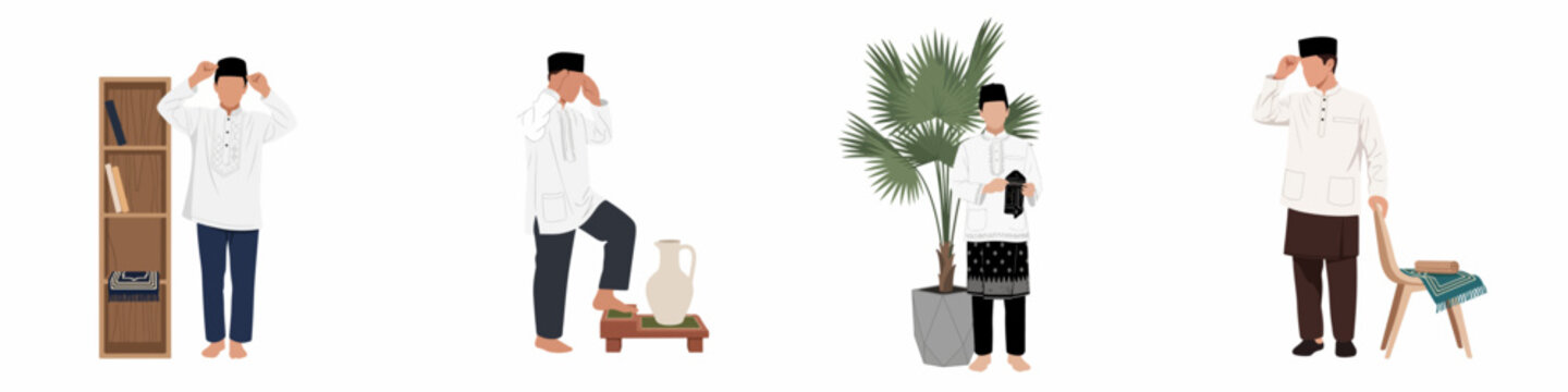 Collection of flat illustrations showing a Muslim man in traditional dress performing religious activities, ablution, and preparing for daily prayers.