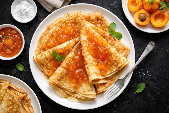 Thin pancakes adorned with apricot jam placed on clean white dishes against a black background seen from above