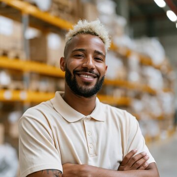 Relaxed smiling warehouse team member portrait with folded arms in stocked shelving background for staff profile banner and internal company materials
