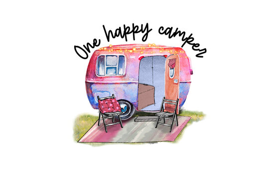 One Happy Camper Vintage Pink and Blue Trailer Art Sublimation Design