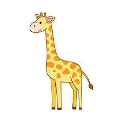 Fototapeta premium Cute cartoon giraffe standing and looking to the side with yellow and orange spots