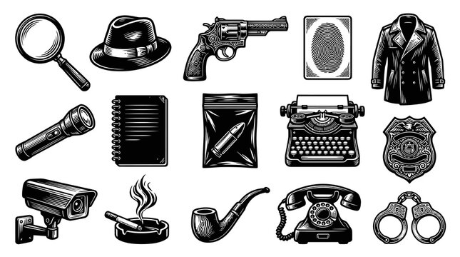 Vintage Engraved Detective  Crime Investigation Tools Set: Police, Mystery  Spy Icons in Black  White Line Art