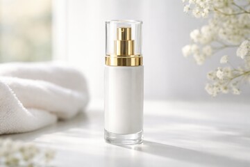 Naklejka premium White surface featuring a standalone cosmetic cream bottle