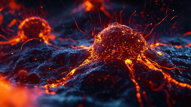 Cancer cell dividing uncontrolled, hyperrealistic electron microscopy style render, abnormal cell structure visible, dark ominous background
