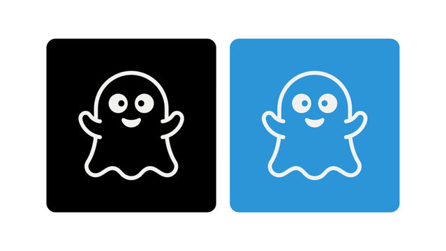 Cute ghost icons smiling and waving on black and blue square backgrounds, minimalist flat vector design