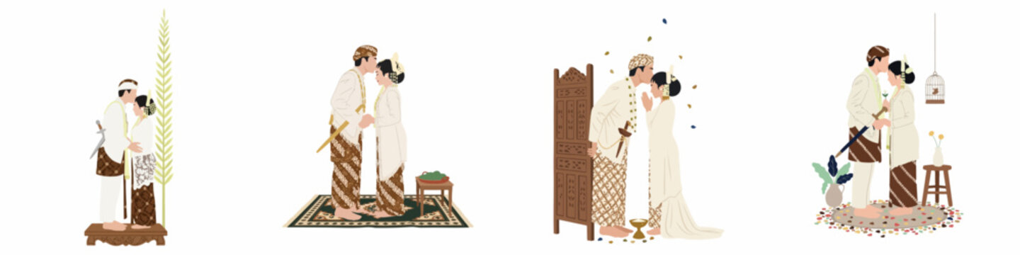 Vector illustrations of a traditional Indonesian Javanese wedding couple in various romantic and ceremonial poses wearing authentic cultural attire.