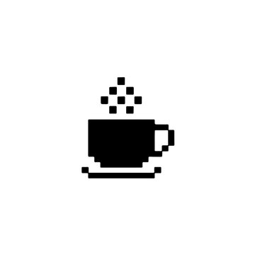 Pixel art coffee cup with steam rising on a saucer in black and white
