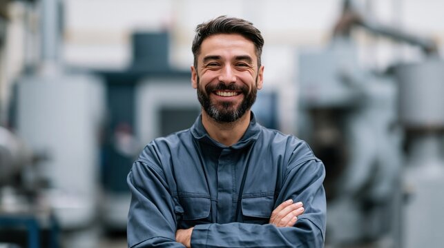Happy bearded factory technician in blue uniform with folded arms in an industrial workshop for staff profile header and manufacturing website background
