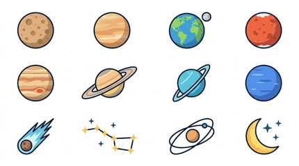 Collection of cartoon planets and celestial bodies. © bro
