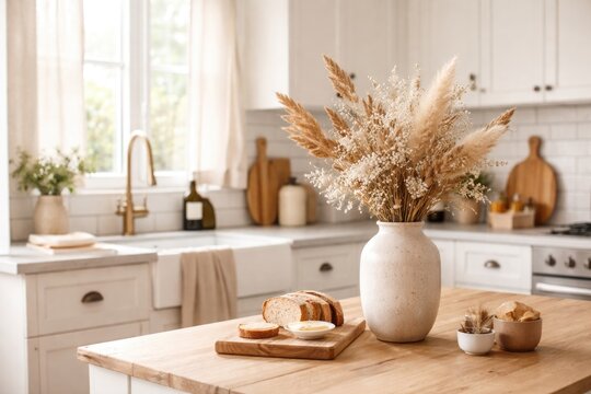 Photograph of a bright Scandinavian kitchen decorated with dry flowers in a simple vase