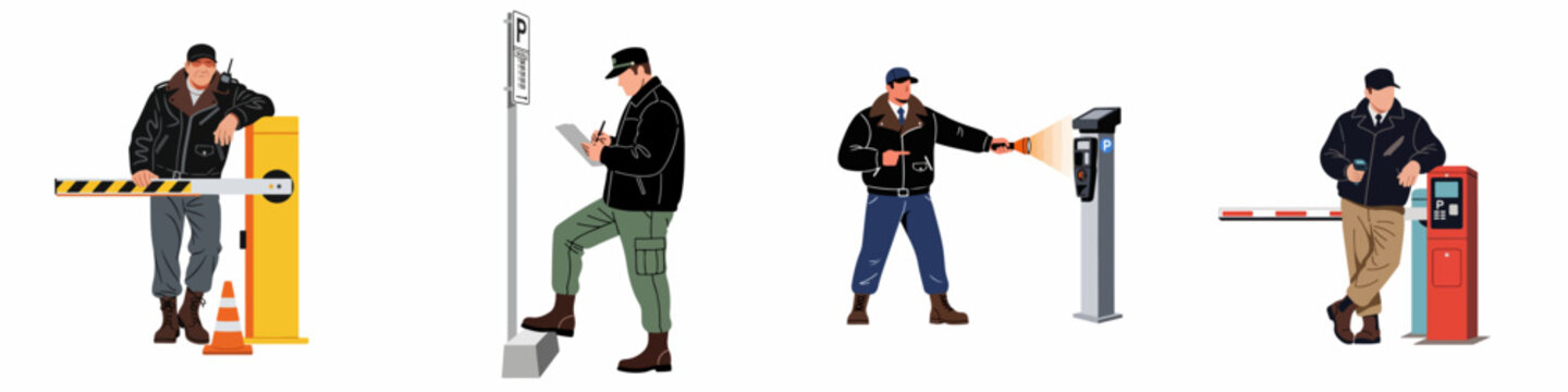 Illustration set of parking attendants and security guards managing lot barriers, payment kiosks, and issuing tickets in a professional uniform.