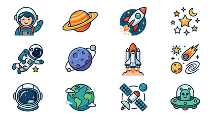 Collection of cartoon space elements and astronauts. © bro