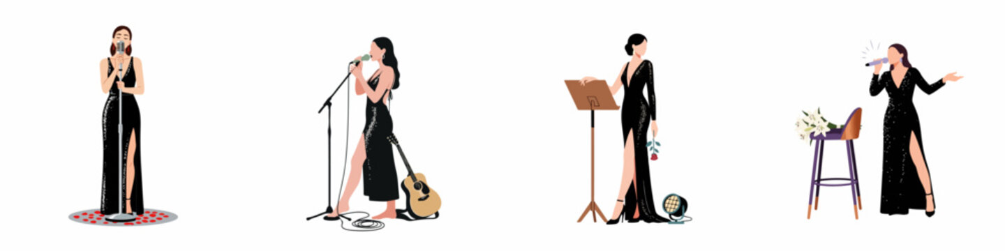 Set of elegant female singer illustrations in black sequined evening dresses performing with microphone, guitar, and music stand on white background.