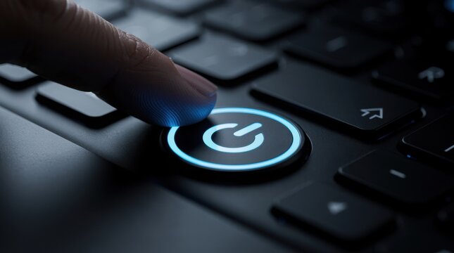 A finger presses a glowing blue power button on a sleek black keyboard, symbolizing the start of a digital process, technology, and activation.