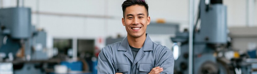 Obraz premium Confident male factory technician in gray coveralls smiling with arms crossed for industrial website banner and corporate profile