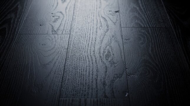 A dramatic close-up of a dark, textured hardwood floor. Light reveals the intricate grain and elegant finish of the black wood planks.