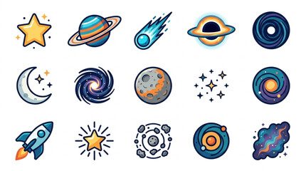 Collection of cartoon space objects and celestial bodies. © bro