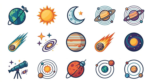 Collection of cartoon space objects and celestial bodies.