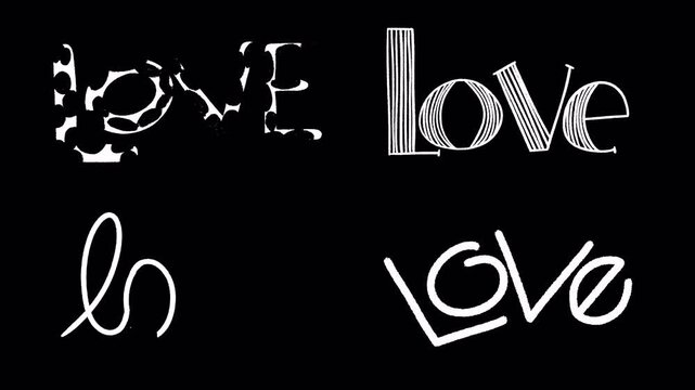 Hand Drawn Love Lettering Text Animation Collection Creative Wedding Valentine Typography on Transparent Background