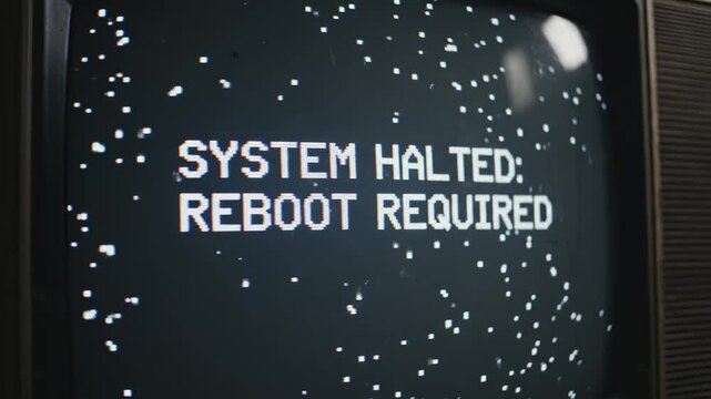 A vintage television screen displays a stark message "SYSTEM HALTED REBOOT REQUIRED," with static and unusual electronic interference creating a retro-futuristic, unsettling aesthetic suggesting