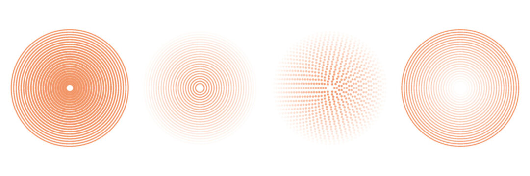 Red concentric ripple circles set. Sonar or sound wave rings collection. Epicentre, target, radar icon concept. Radial signal or vibration elements.