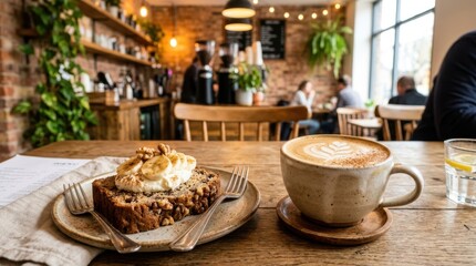 Delicious coffee and banana bread in a cozy café setting