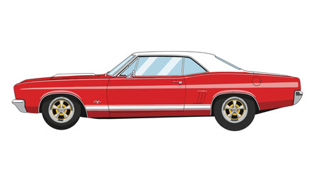 Obraz premium Red vintage muscle car with white roof on white background.