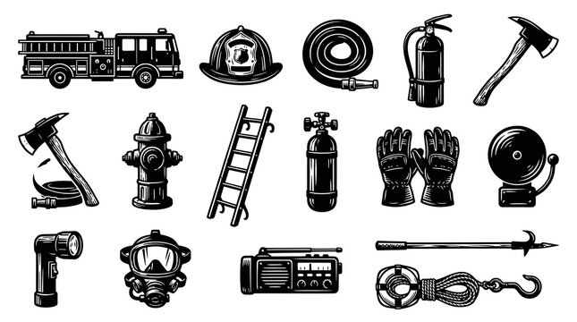 Firefighting Equipment Vector Set - Fireman Tools, Gear, and Emergency Service Items in Black  White Line Art
