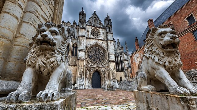 Detailed stone lion sculptures stand guard in front of a majestic ancient gothic cathedral featuring intricate rose windows under a dramatic and moody overcast cloudy sky